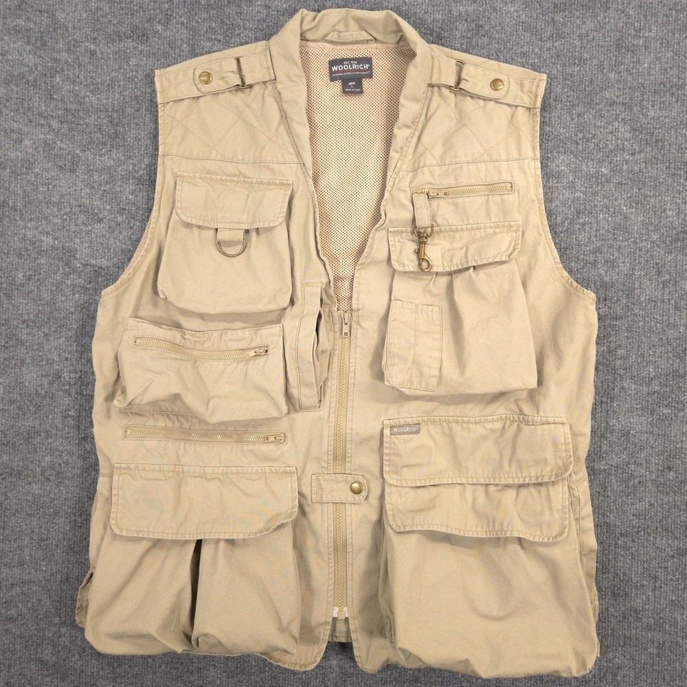 Woolrich Fishing Vest Mens L Khaki Cargo Pocket‎ Outdoor Utility Hunting Canvas